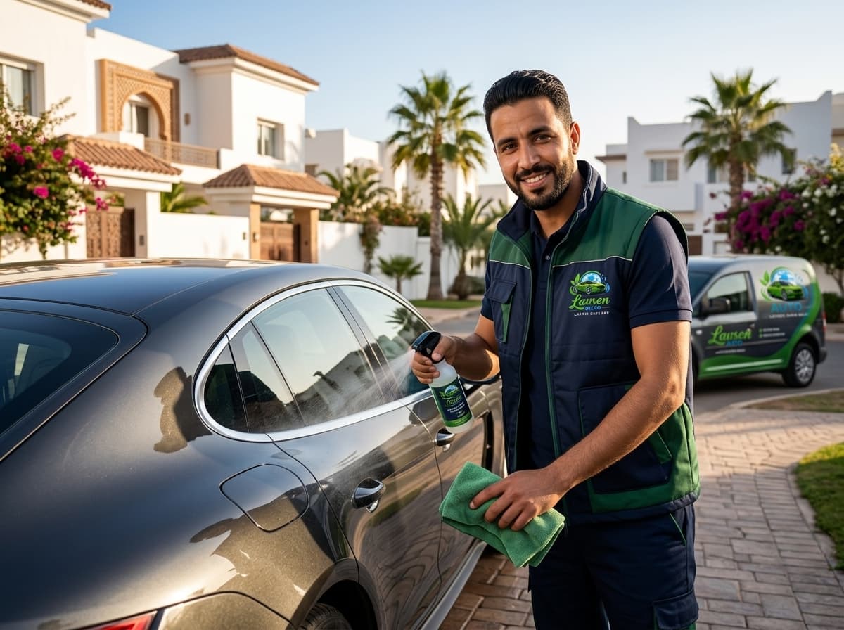Technicien Lavsen Auto effectuant un lavage auto sans eau à domicile à Casablanca